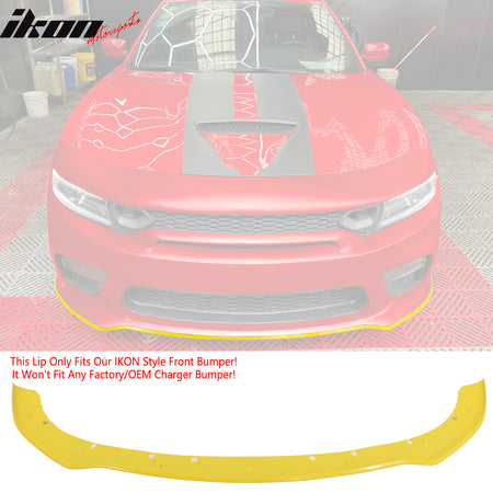 IKON MOTORSPORTS, Front Bumper Conversion W/ Yellow Lip Compatible With 2015-2023 Dodge Charger, Widebody Style Front Bumper Cover & Upper Grille & Lower Grille & Foglight Covers Replacement