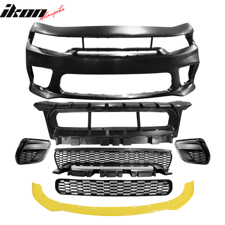 For 15-23 Charger Upper Lower Grilles Front Bumper Conversion W/ Yellow Lip - PP