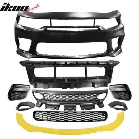 Fits 15-23 Charger SRT Upper Lower Grilles Front Bumper Cover W/ Yellow Lip - PP