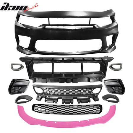 Fits 15-23 Charger SRT Upper Lower LED Grilles Front Bumper Cover W/ Pink Lip PP