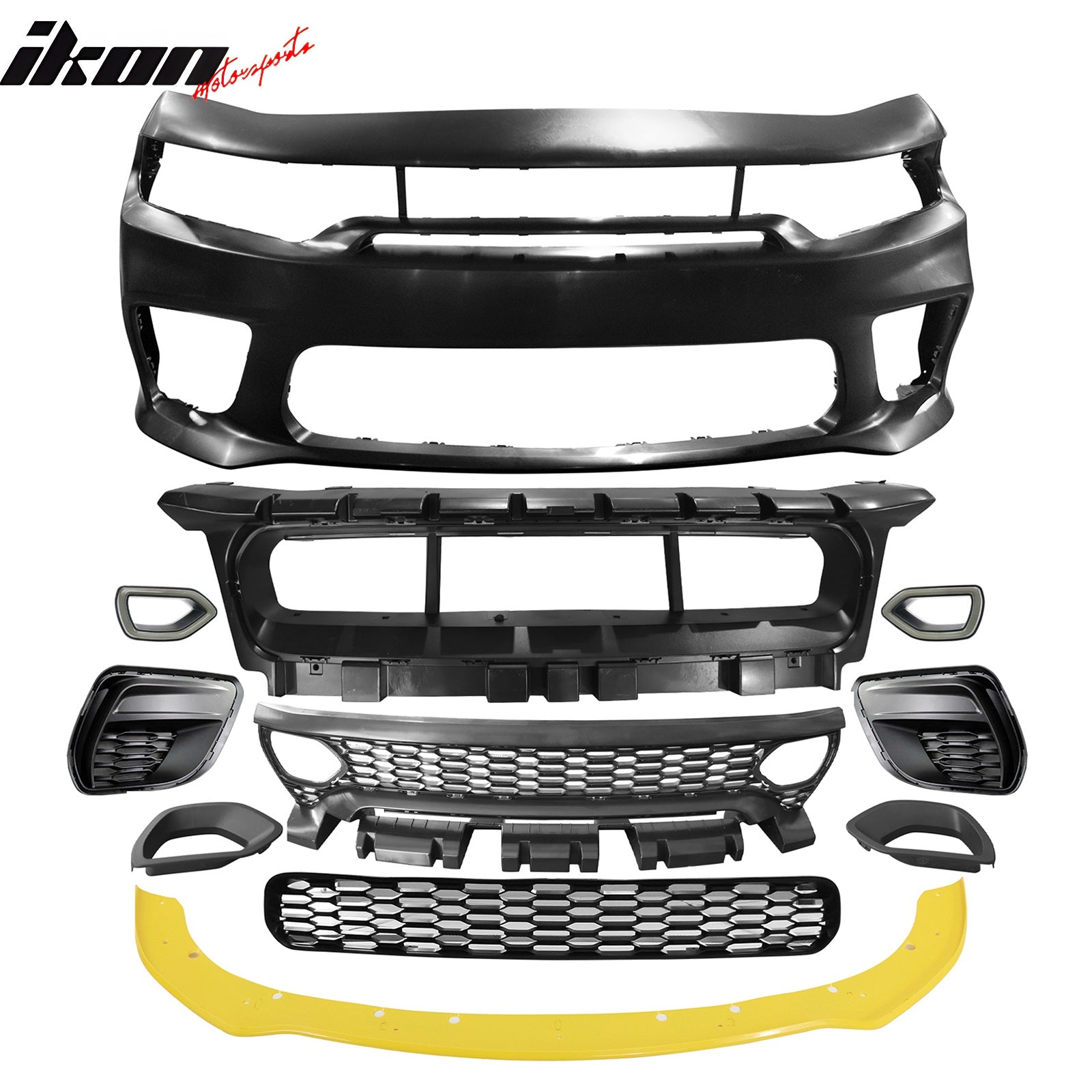 For 15-23 Charger SRT Upper Lower LED Grille Front Bumper Cover W/ Yellow Lip PP