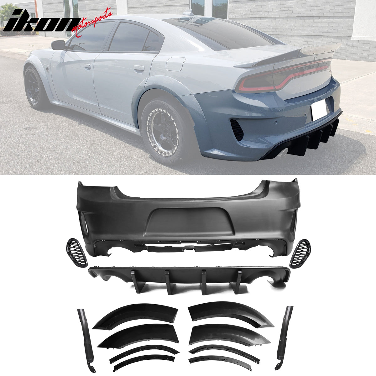 Fits 15-23 Charger Widebody Bumper Covers W/ SRT Grilles + Matte Black Diffuser