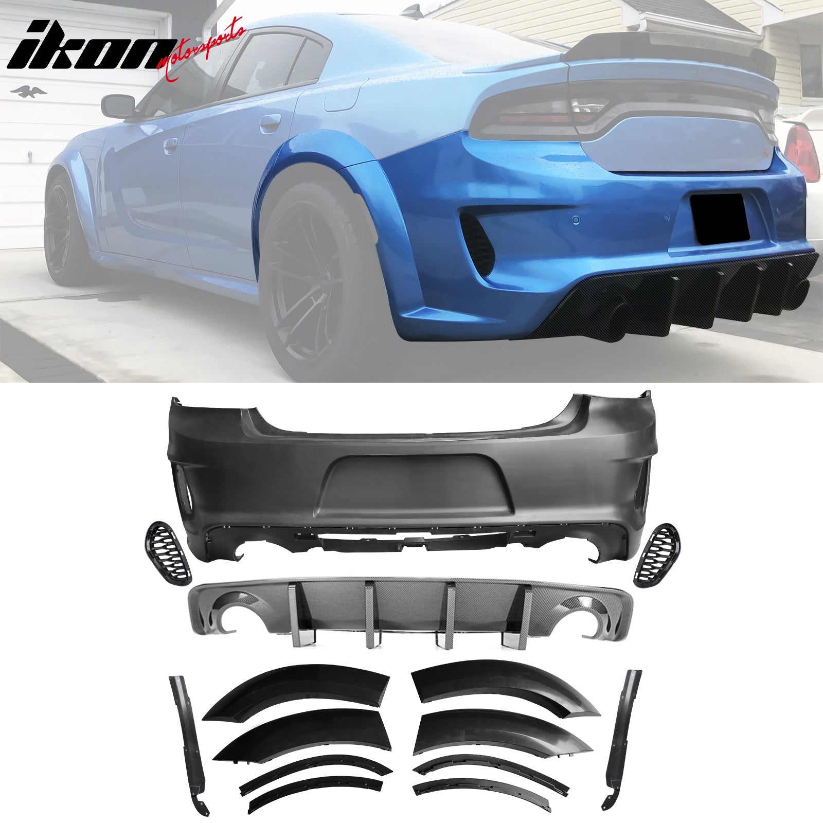 Fits 15-23 Charger Widebody Bumper Covers SRT Grille Carbon Fiber Print Diffuser