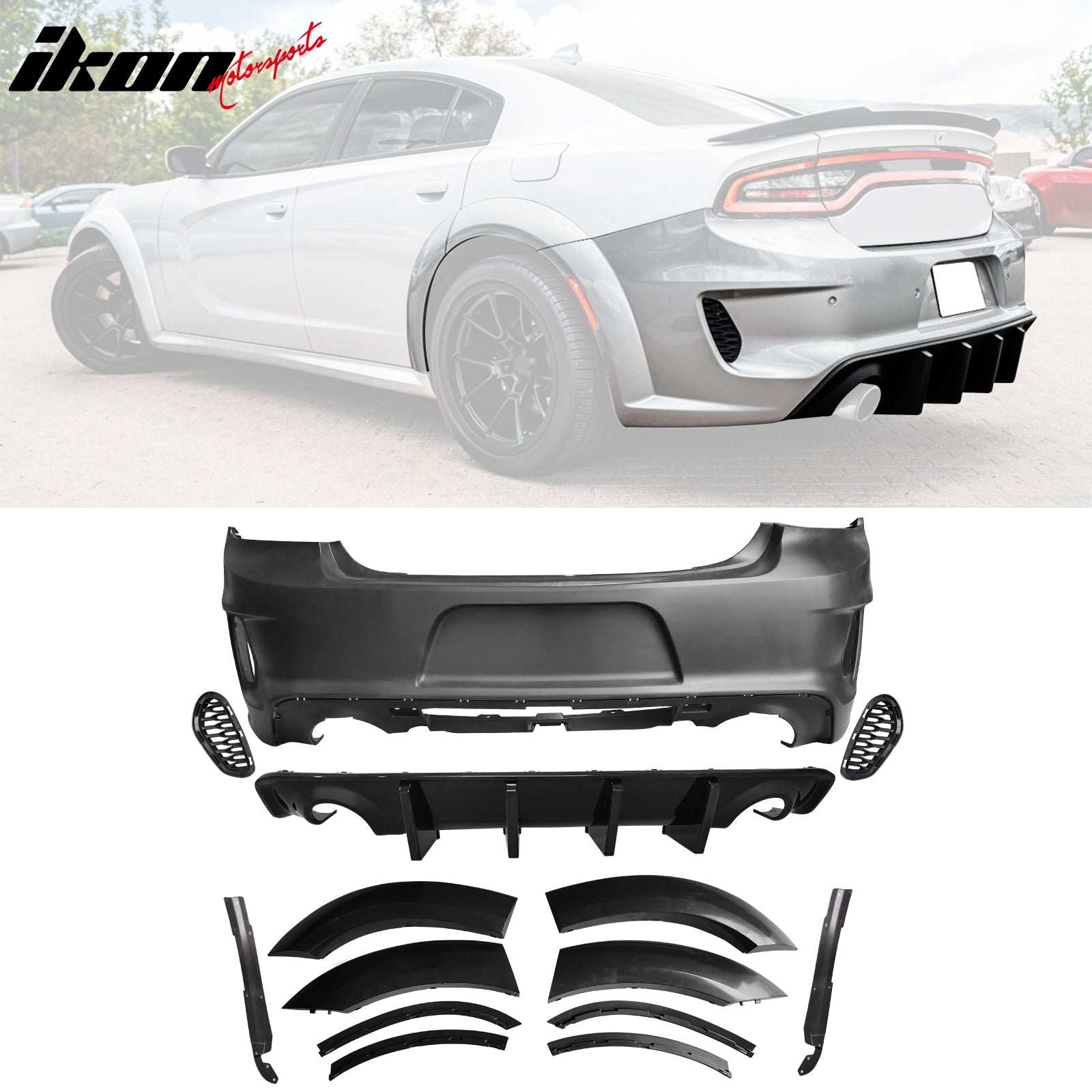 Fits 15-23 Charger Widebody Bumper Covers W/ SRT Grilles + Gloss Black Diffuser