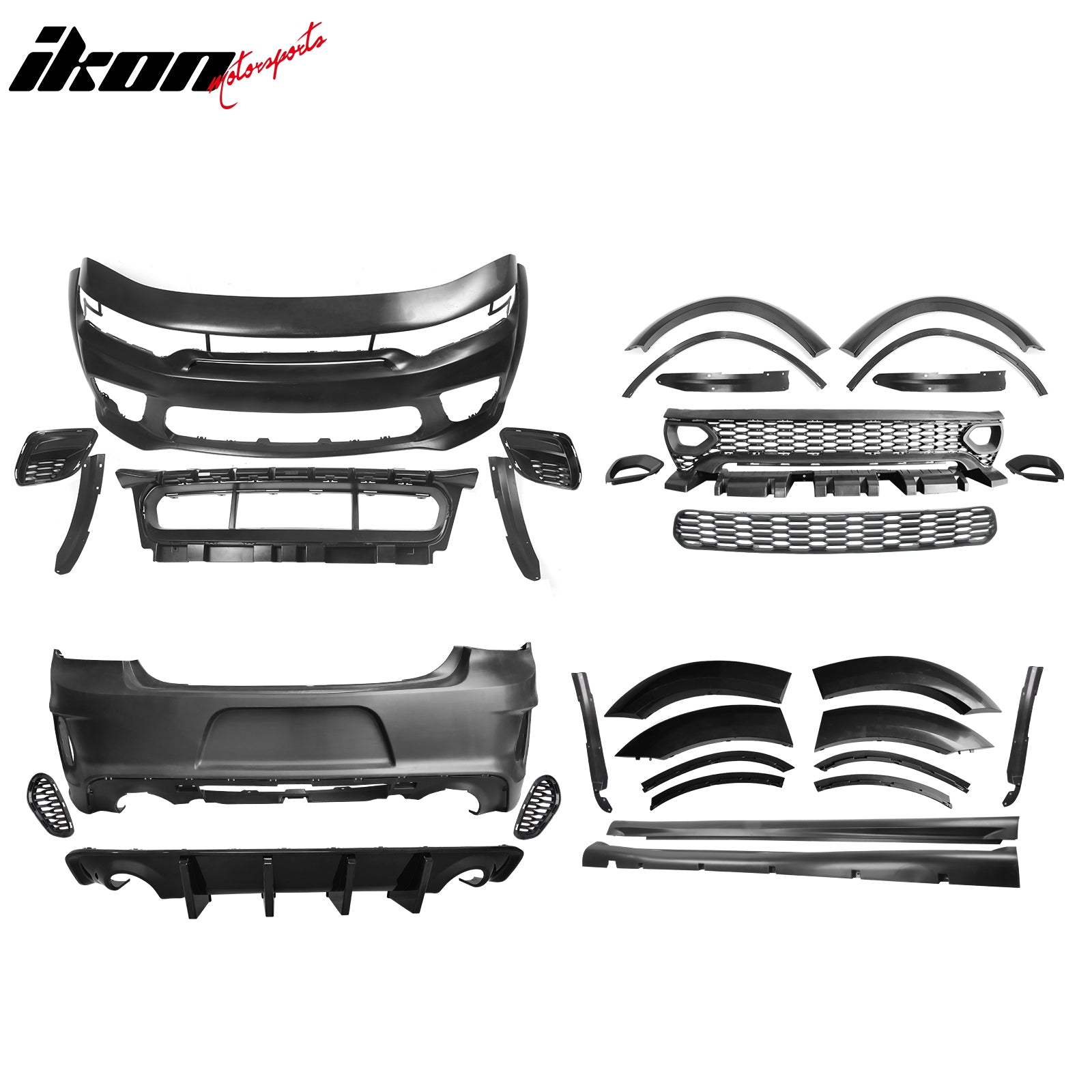 Fits 15-23 Charger Widebody Bumper Covers W/ SRT Grilles + Gloss Black Diffuser