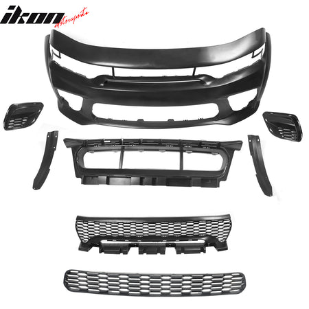 IKON MOTORSPORTS, Front Bumper Cover W/ Grilles Compatible With 2015-2023 Dodge Charger, Widebody Style Upper & Lower Grilles + Fog Light Covers Whole Bodykits