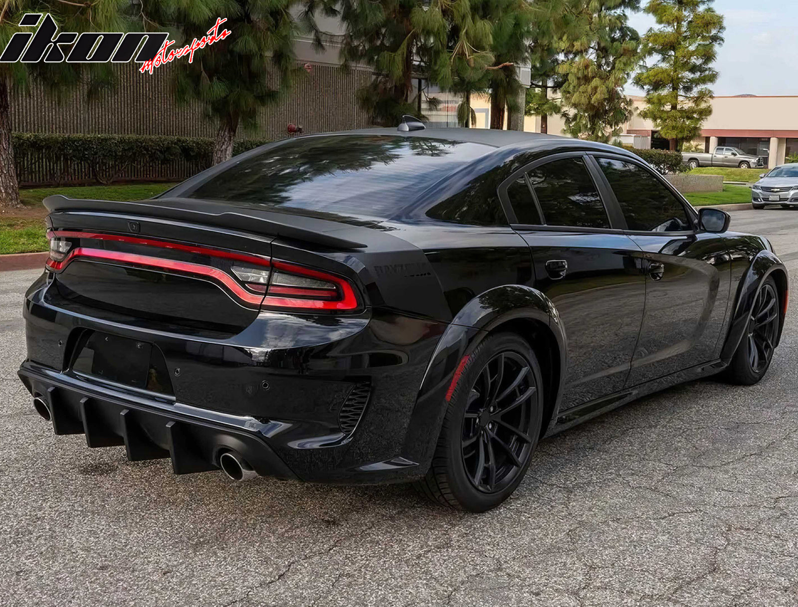 IKON MOTORSPORTS, Rear Bumper Cover W/ Diffuser Lip Compatible With 2020-2023 Dodge Charger Widebody Models Only, Rear Bumper Conversion IKON Style Matte Black 4-Fin Diffuser Whole Bodykits