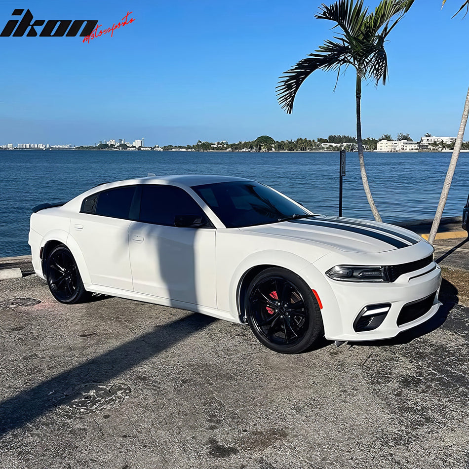 IKON MOTORSPORTS, Whole Kits Compatible With 2015-2023 Dodge Charger, Widebody Style Front Rear Bumper Grille Side Skirts Fender Flare IKON Style Matte Black Diffuser Whole Bodykit Fog Covers W/ Light