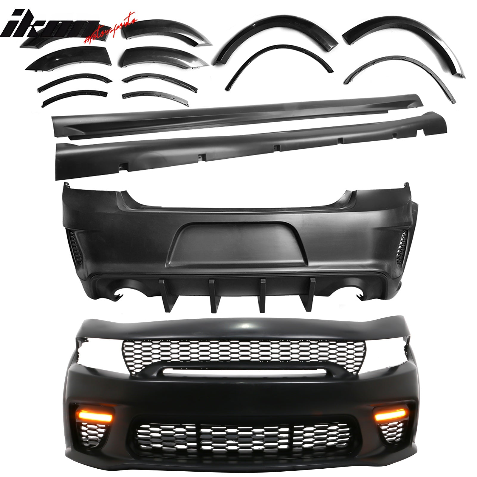 Fits 15-23 Dodge Charger Widebody Whole Bumper W/ LED Matte Black Diffuser Kits