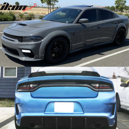 IKON MOTORSPORTS, Whole Kits Compatible with 2015-2023 Dodge Charger, Widebody Style Front Rear Bumper Grille Side Skirts Fender Flare IKON Style Gloss Black Diffuser Whole Bodykits W/ Lights