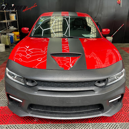 IKON MOTORSPORTS, Front Bumper Package Compatible With 2015-2023 Dodge Charger, Widebody Style Front Bumper Cover & SRT Style Upper Grille & Lower Grille & Foglight Cover /W Lights Lamp