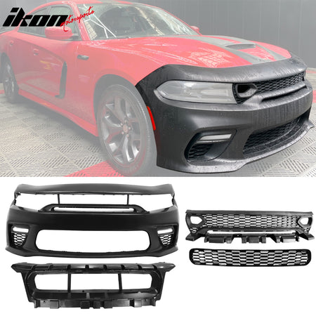 IKON MOTORSPORTS, Front + Rear Bumper Compatible With 2015-2023 Charger, Widebody Style Front Rear Bumper Cover & SRT Style Upper Lower Grille & Foglight Covers W/ Lights & IKON Style Rear Diffuser