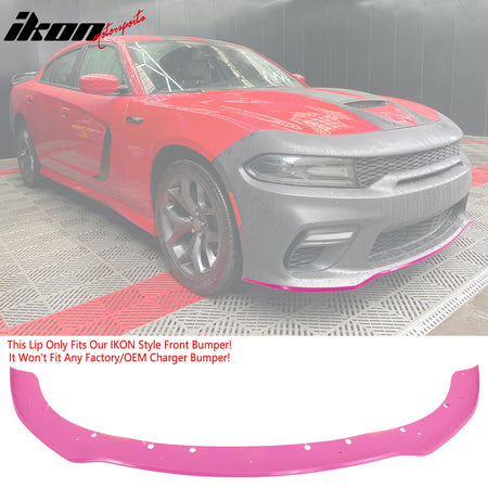 IKON MOTORSPORTS, Front Bumper Conversion W/ Pink Lip Compatible With 2015-2023 Dodge Charger, Widebody Style Front Bumper Cover & Upper & Lower Grille & Foglight Covers W/ LED Lights Replacement