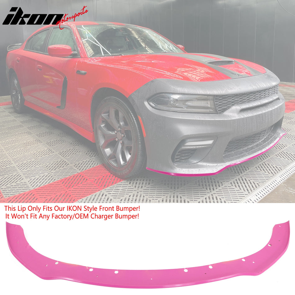 IKON MOTORSPORTS, Front Bumper Conversion W/ Pink Lip Compatible With 2015-2023 Dodge Charger, Widebody Style Front Bumper Cover & Upper & Lower Grille & Foglight Covers W/ LED Lights Replacement