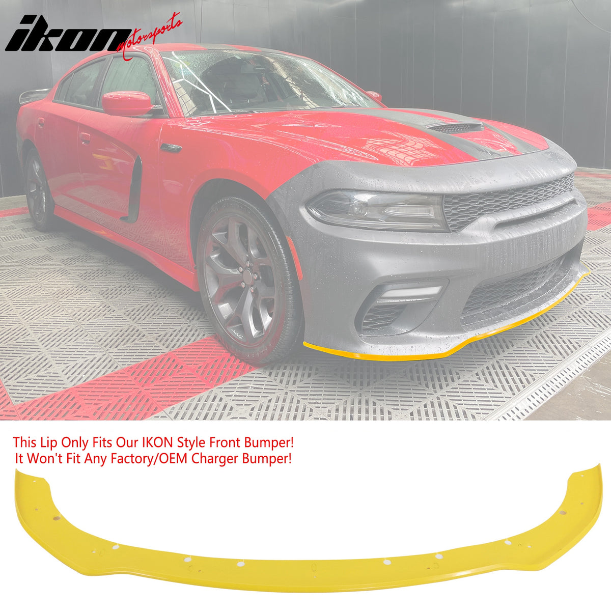 IKON MOTORSPORTS, Front Bumper Conversion W/ Yellow Lip Compatible With 2015-2023 Dodge Charger, Widebody Style Front Bumper Cover & Upper Grille & Lower Grille & Foglight Covers W/ Lights Replacement