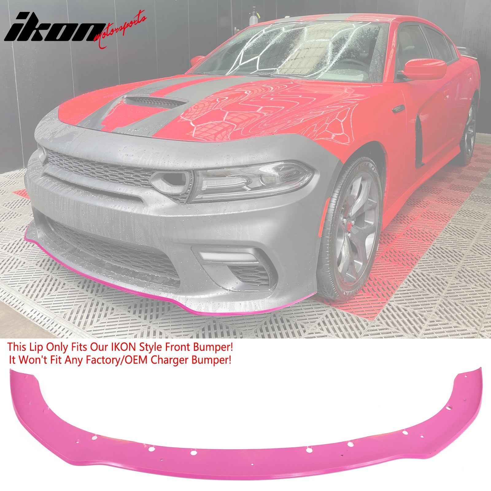 IKON MOTORSPORTS, Front Bumper Conversion W/ Pink Lip Compatible With 2015-2023 Dodge Charger, Widebody Style Front Bumper Cover & SRT Style Upper Grille & Lower Grille & Foglight Covers W/ Light Lamp