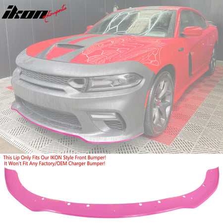 IKON MOTORSPORTS, Front Bumper Conversion W/ Pink Lip Compatible With 2015-2023 Dodge Charger, Widebody Style Front Bumper Cover & SRT Style Upper Grille & Lower Grille & Foglight Covers W/ Light Lamp