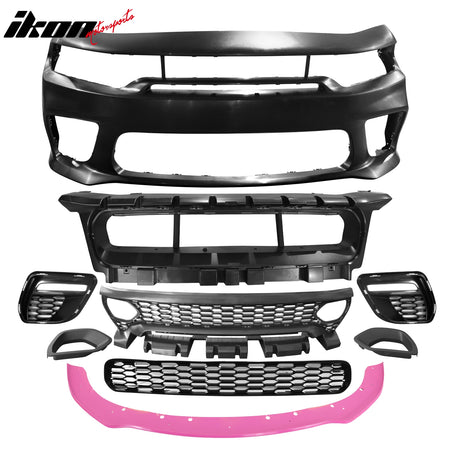 Fits 15-23 Charger SRT Upper Lower Grilles Front Bumper Cover W/ Pink Lip LED PP