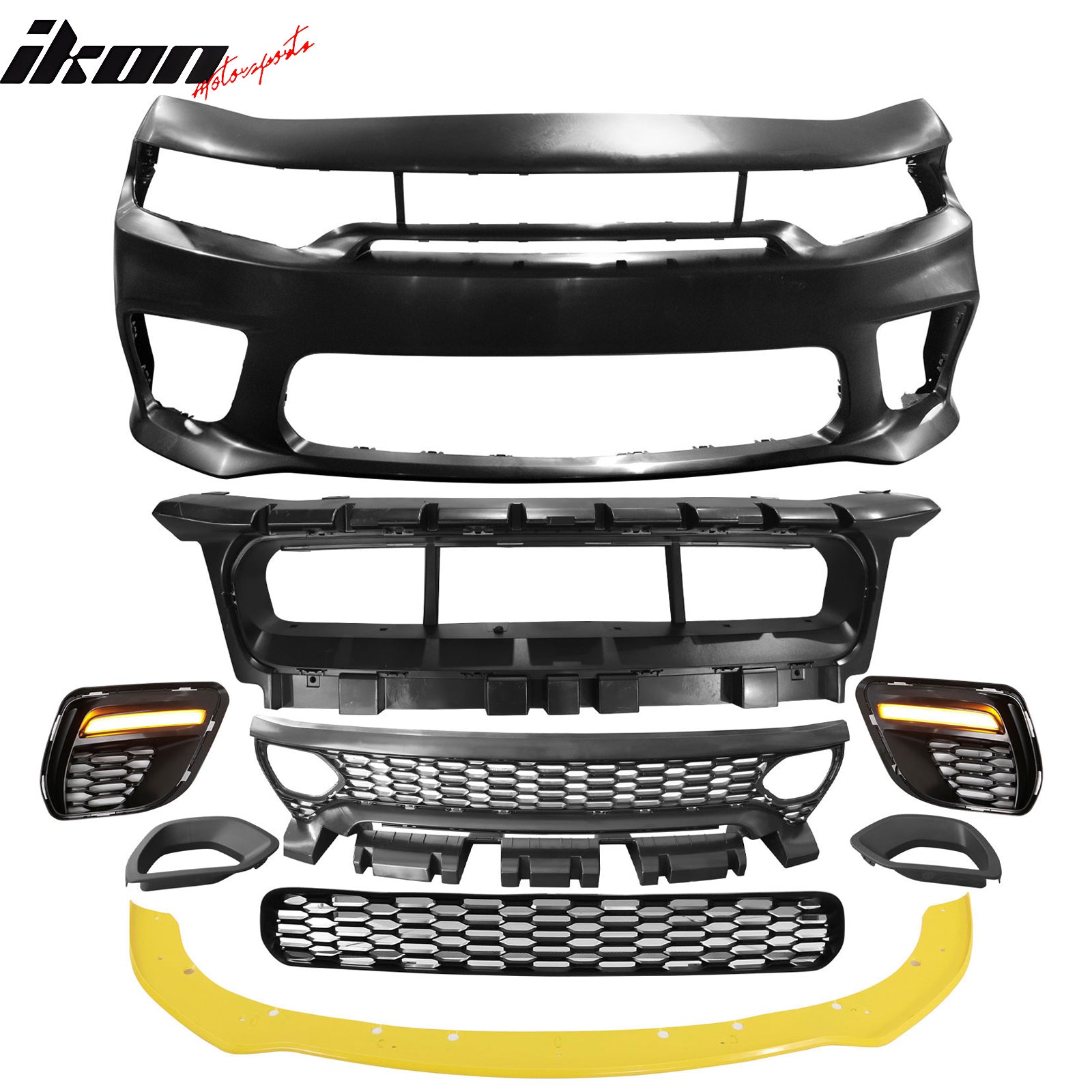 For 15-23 Charger SRT Upper Lower Grilles Front Bumper Cover Yellow Lip PP LED