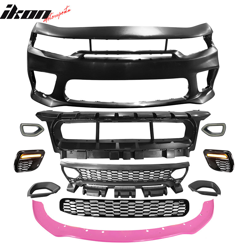 Fits 15-23 Charger SRT Upper Lower LED Grilles Front Bumper Cover W/ Pink Lip PP