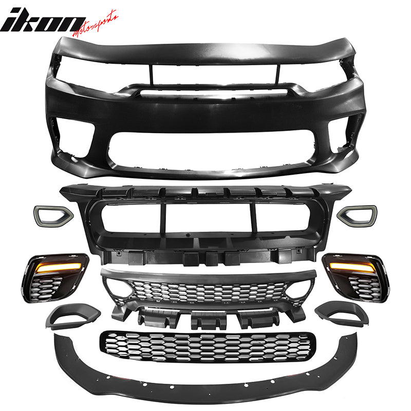 Fits 15-23 Charger SRT Upper Lower Grille Bumper Cover W/ Matte Black Lip PP LED