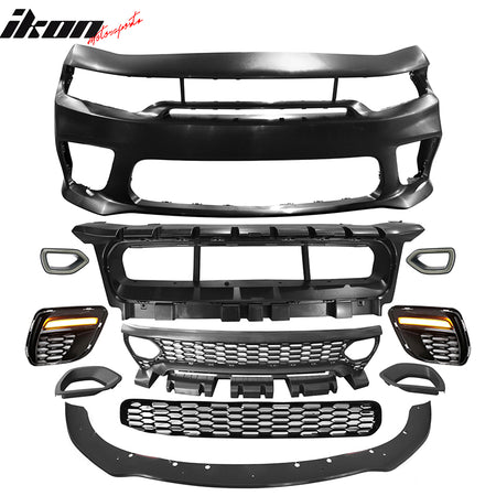 Fits 15-23 Charger SRT Upper Lower Grille Bumper Cover W/ Matte Black Lip PP LED