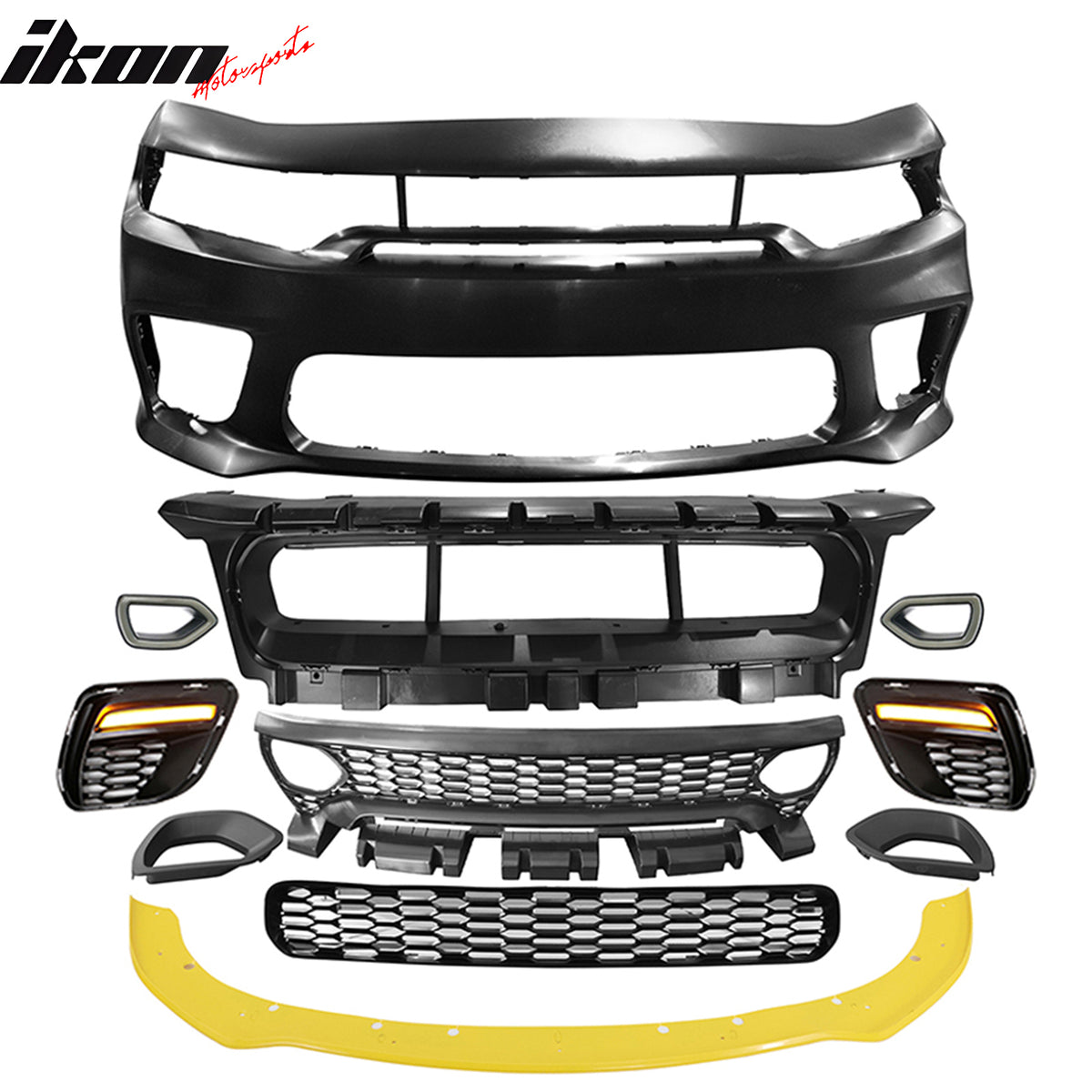 Fits 15-23 Charger SRT Upper Grilles Front Bumper Cover W/ Yellow Lip PP LED