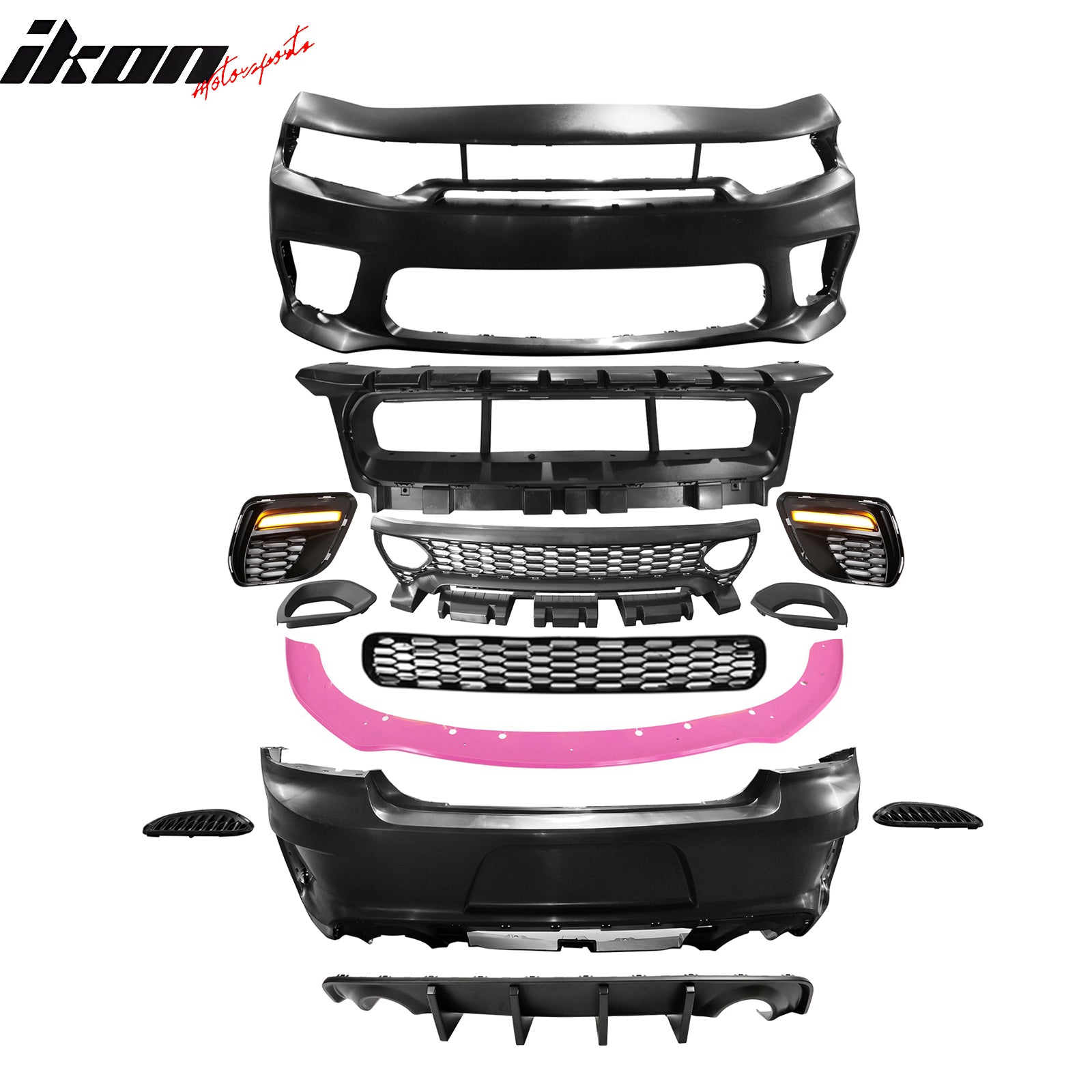 Fits 15-23 Charger SRT Upper Lower Grilles Front Bumper Cover W/ Pink Lip PP LED