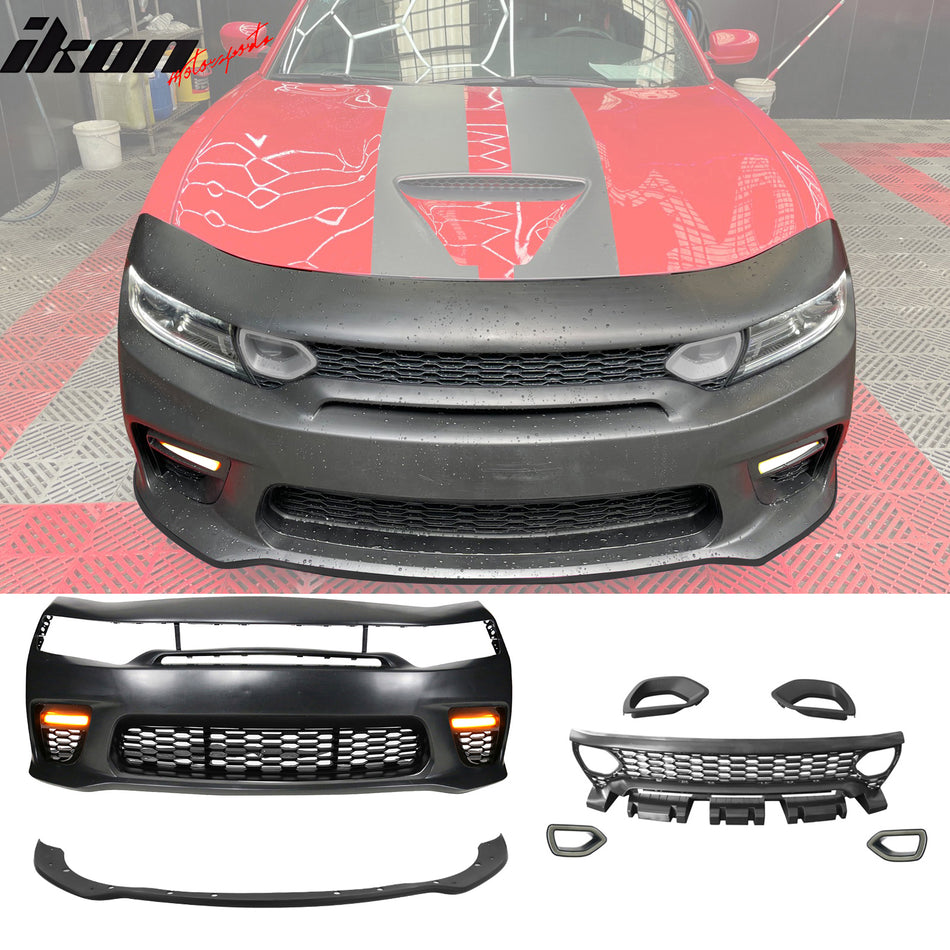 IKON MOTORSPORTS, Rear & Front Bumper Conversion W/ Matte Black Lip Compatible With 2015-2023 Dodge Charger, Widebody Bumper Covers & SRT Upper Lower Grille & Foglight Covers W/ Lights + Rear Diffuser