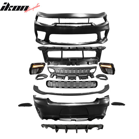 Fits 15-23 Charger SRT Upper Lower Grille Front Bumper W/ Matte Black Lip PP LED