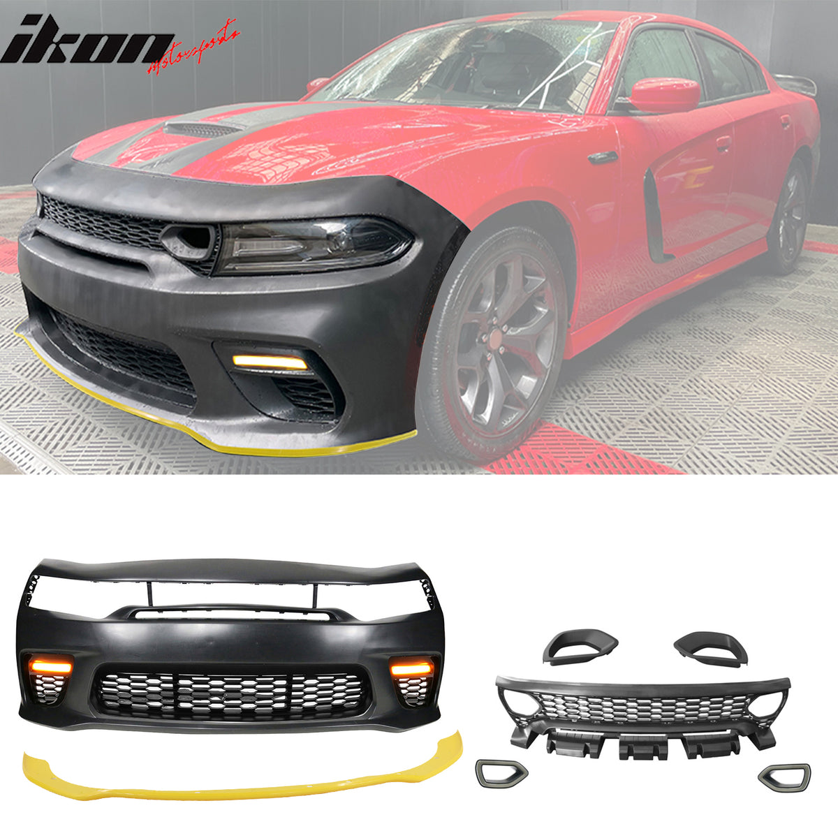 IKON MOTORSPORTS, Rear & Front Bumper Conversion W/ Yellow Lip Compatible With 2015-2023 Dodge Charger, Widebody Style Bumper Covers & SRT Upper Lower Grille & Foglight Cover W/ Light Rear Diffuser