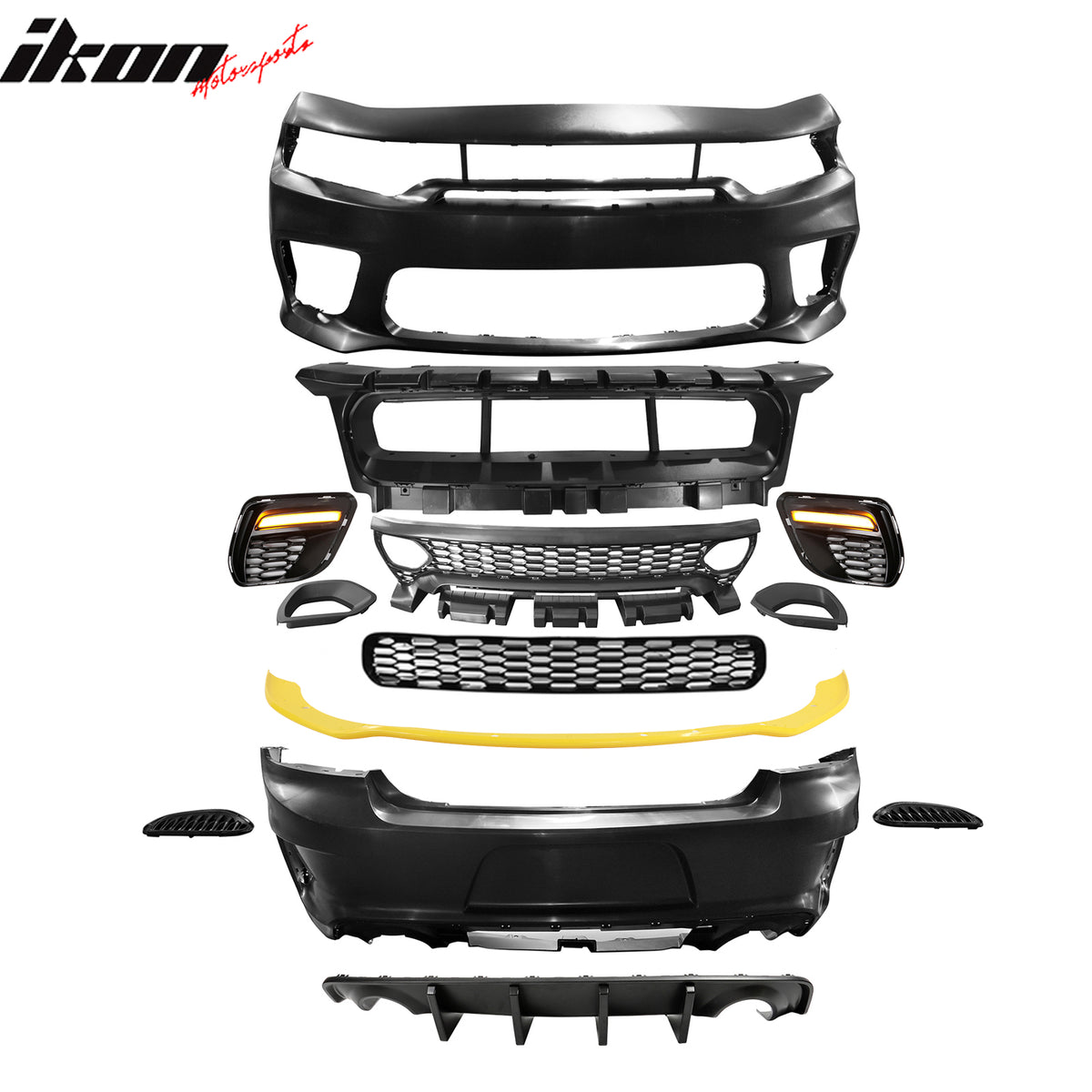 Fits 15-23 Charger SRT Upper Lower Grilles Front Bumper Cover Yellow Lip PP LED