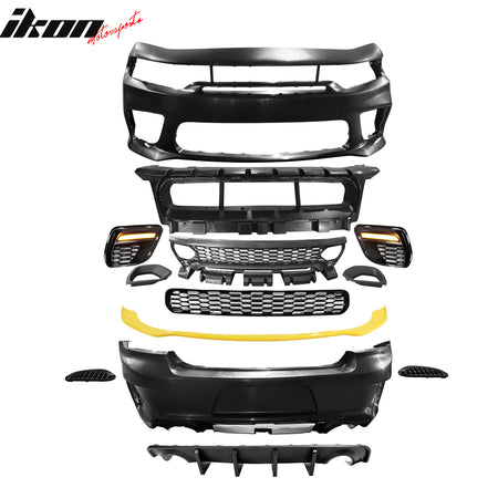 Fits 15-23 Charger SRT Upper Lower Grilles Front Bumper Cover Yellow Lip PP LED