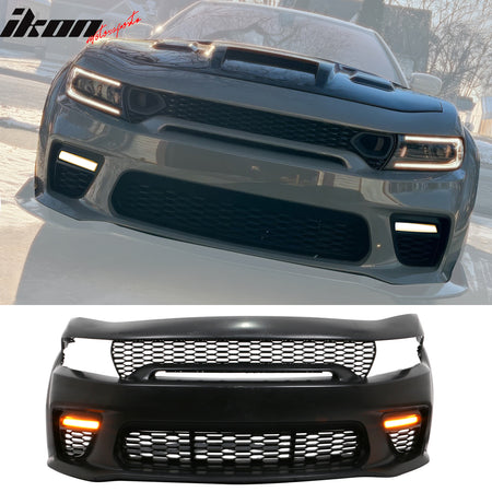 IKON MOTORSPORTS, Whole Kits Compatible With 2015-2023 Dodge Charger, Widebody Style Front Rear Bumper W/ SRT Scat Pack Grille + Side Skirts + Fender Flare IKON Matte Black Diffuser Whole Bodykits W/ Lights