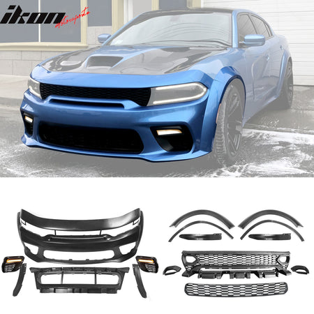 IKON MOTORSPORTS, Whole Kits Compatible With 2015-2023 Dodge Charger, Widebody Style Front Rear Bumper W/ SRT Scat Pack Grille + Side Skirts + Fender Flare IKON Carbon Fiber Print Diffuser W/ Lights