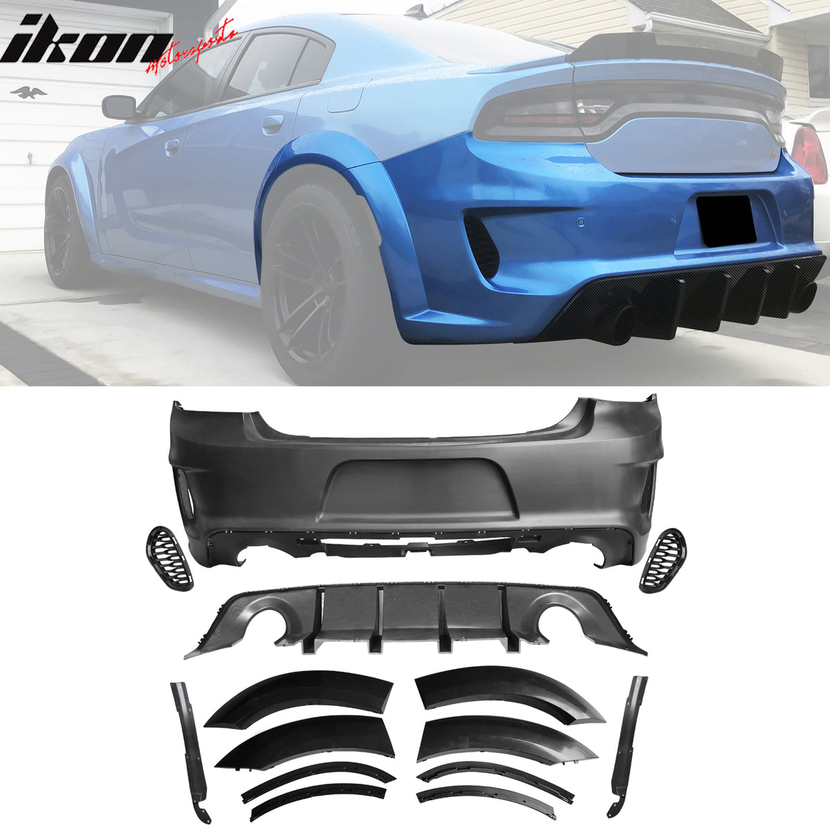 Fits 15-23 Charger Widebody Bumper SRT Grille Carbon Fiber Print Diffuser W/ LED