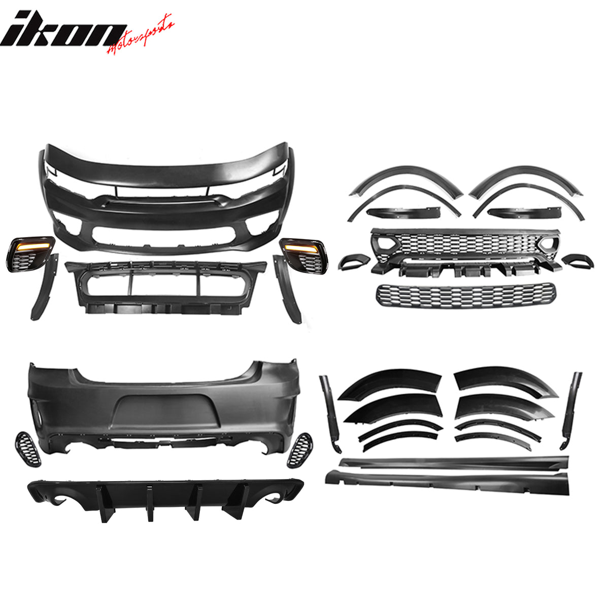 For 15-23 Charger Widebody LED Bumper Covers W/ SRT Grilles Gloss Black Diffuser