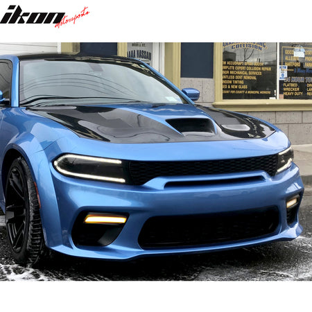 IKON MOTORSPORTS, Front Bumper Cover W/ Grilles Compatible With 2020-2023 Dodge Charger Widebody, Upper & Lower Grilles + Foglight Covers W/ Lights Whole Bodykits