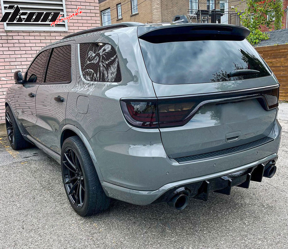 IKON MOTORSPORTS Rear Bumper Cover with V2 5PC Diffuser Lip, Compatible with 2021-2024 Dodge Durango, 2021+ Hellcat Style Unpainted PP Replacement Conversion with Factory Style Step Pad