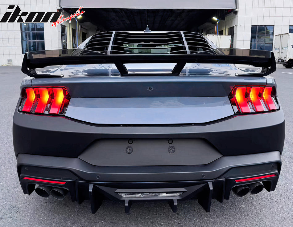 IKON MOTORSPORTS, Rear Bumper Conversion W/ Diffuser Lip Compatible with 2024-2025 Ford Mustang 7th Gen S650, PP OE Style Unpainted Rear Bumper Cover Rock Style Matte Black Rear Diffuser 5PC