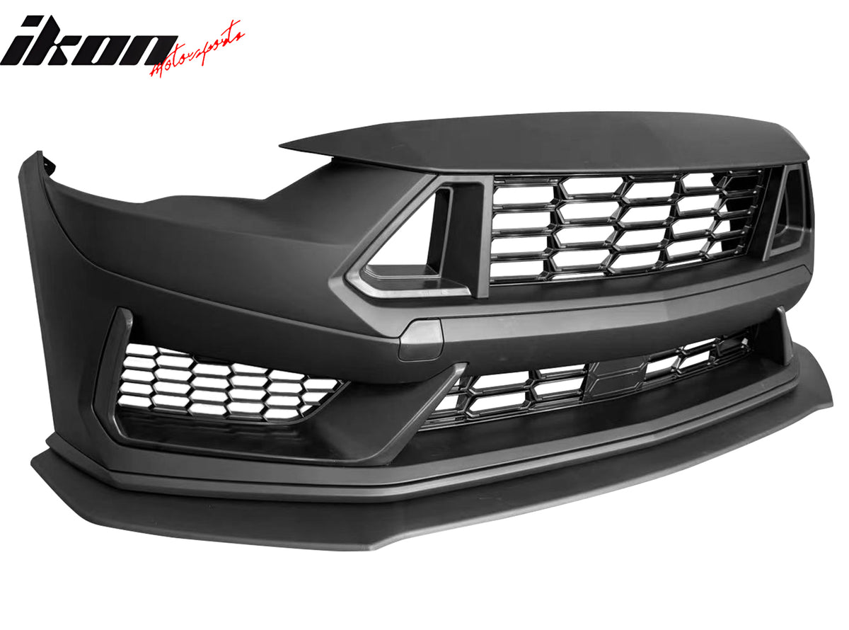 IKON MOTORSPORTS, Front Bumper Conversion Cover Compatible With 2018-2023 Ford Mustang V6 & GT, Unpainted Dark Horse Handling Package PP Front Valance Lip W/ Lower Upper Grilles Bumper Fascia Applique