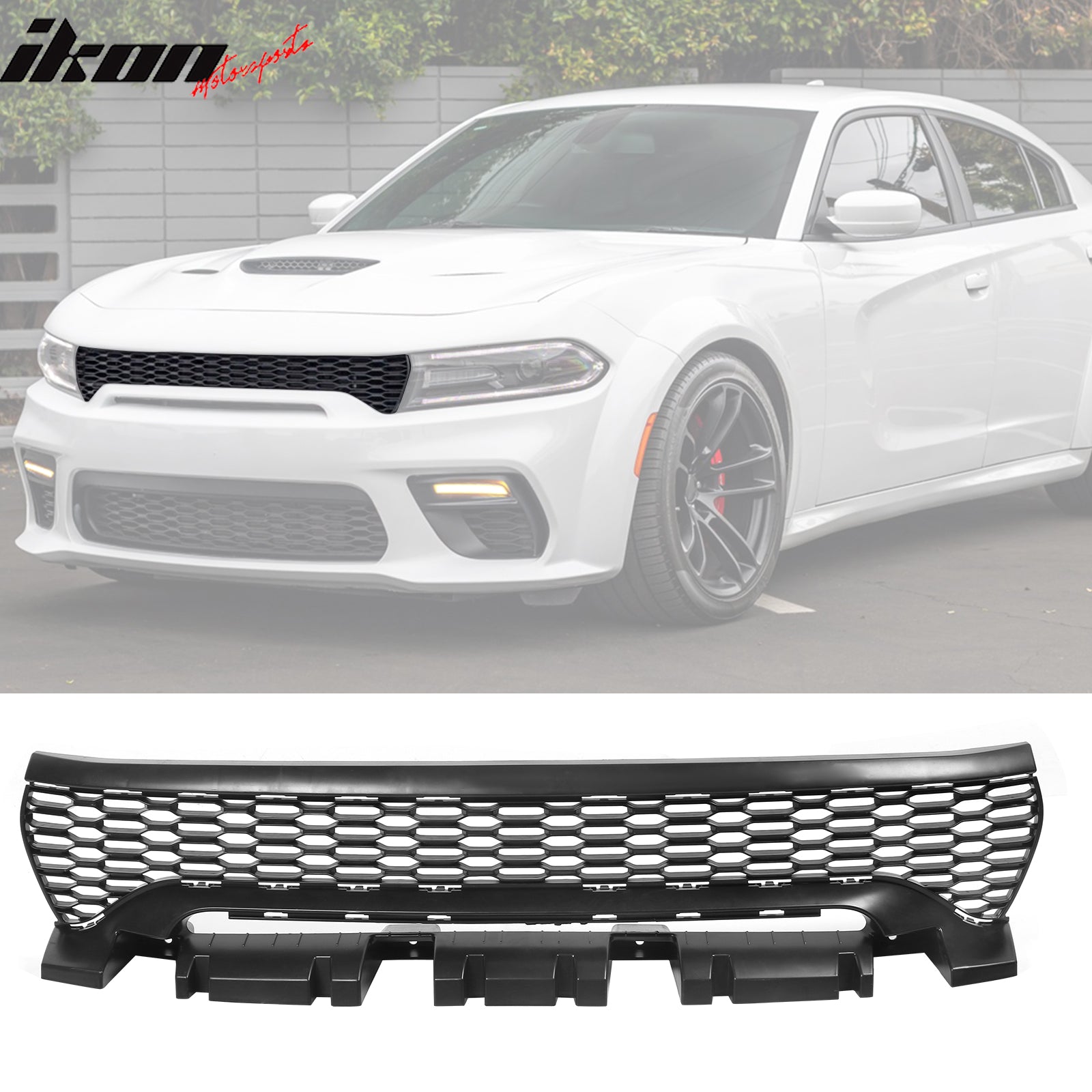 IKON MOTORSPORTS Front Bumper Grilles, Compatible with 2020-2023 Dodge Charger Widebody, OE Style Unpainted Black Replacement Front Bumper Upper Lower Grills Assembly 2PCS