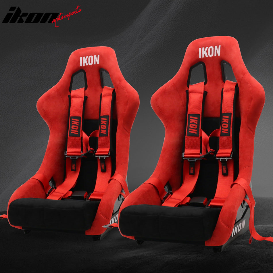 Universal Adjustable Racing Bucket Seats W/4 Point 3" Belt Harness Red