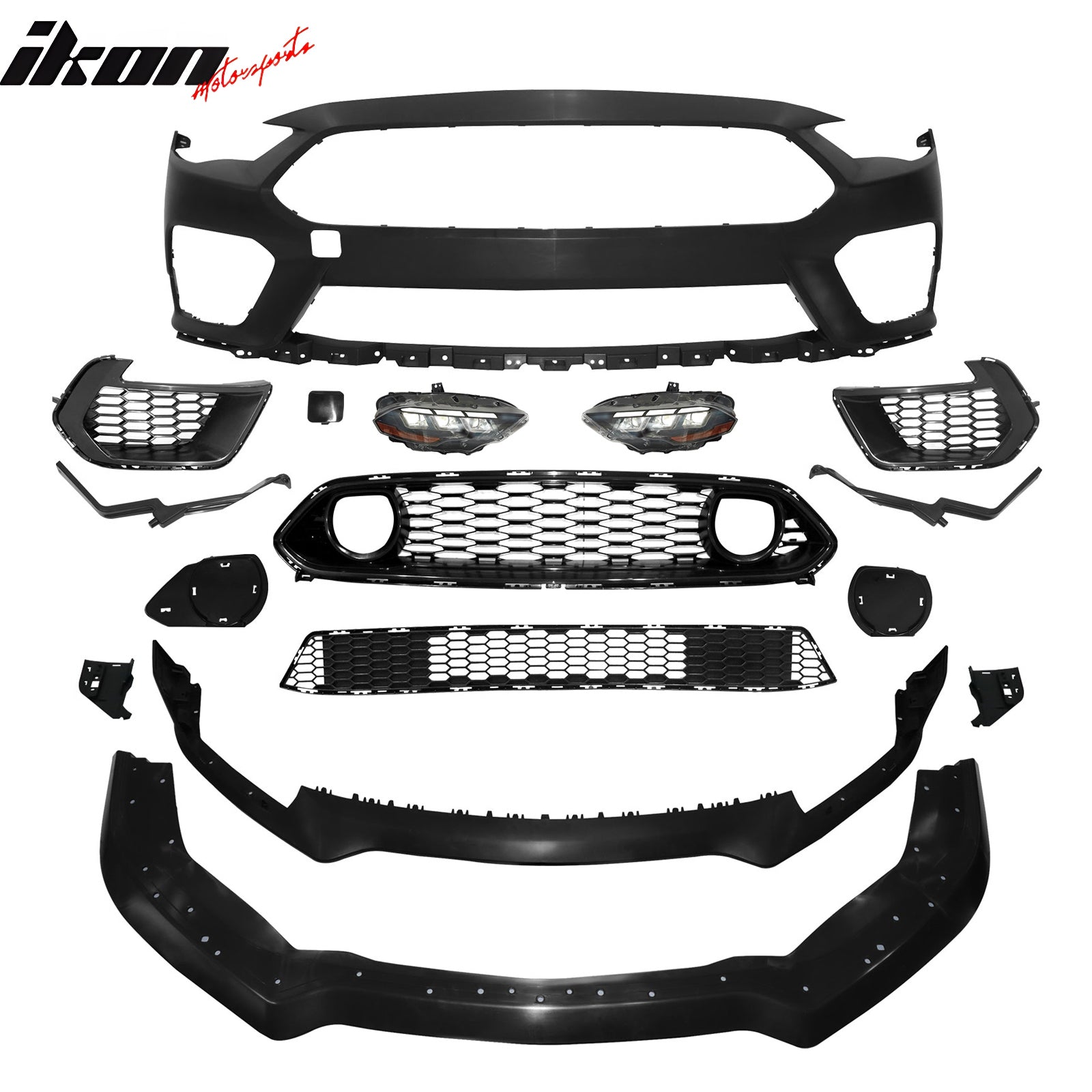 IKON MOTORSPORTS, Front Bumper Cover Compatible With 2018-2023 Ford Mustang, Unpainted Black PP 2021 Mach 1 Style Bumper Conversion Replacement Handling Package Lip 2024 Style Light Headlights