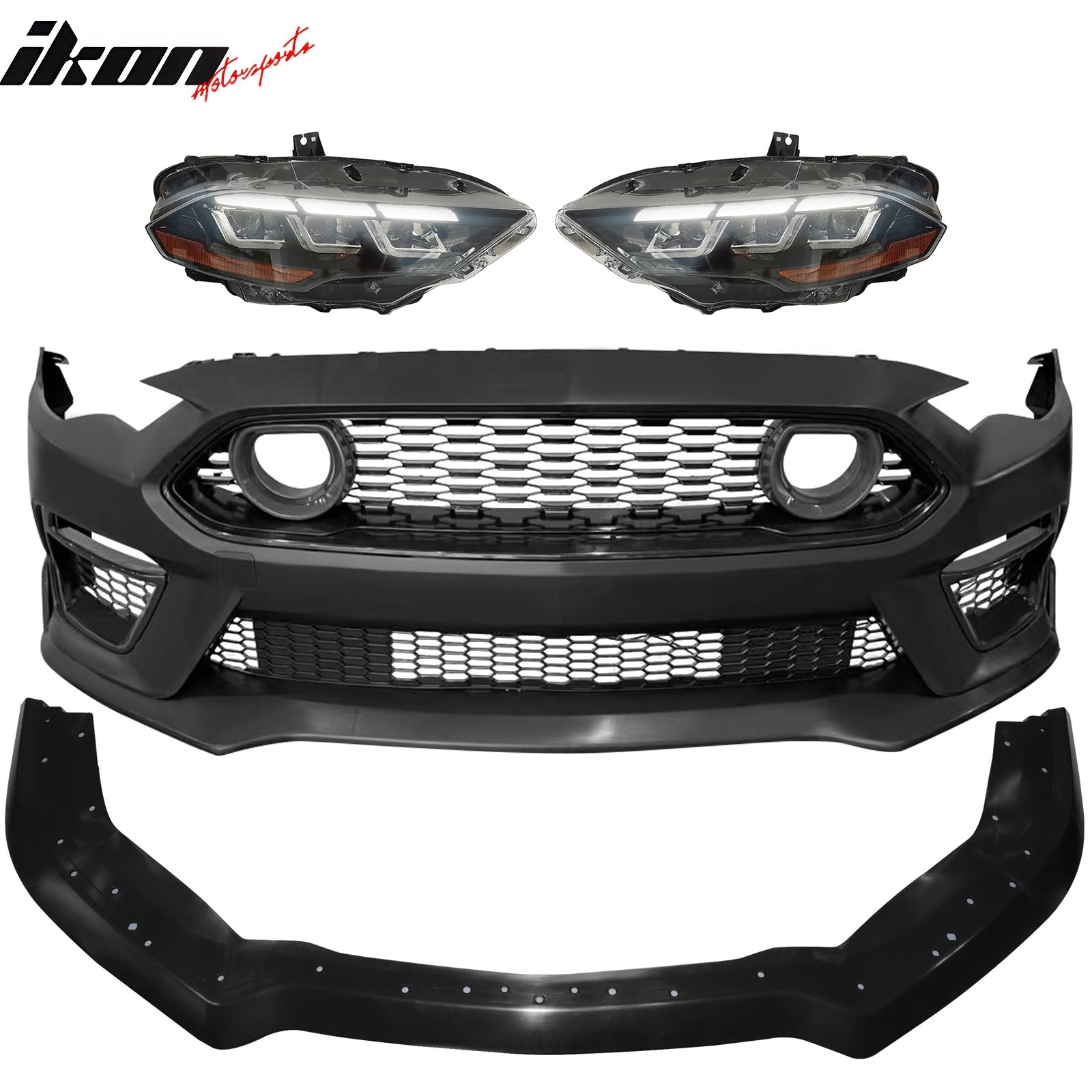 IKON MOTORSPORTS, Front Bumper Cover Compatible With 2018-2023 Ford Mustang, Unpainted PP 2021 Mach 1 Style Bumper Conversion Replacement W/ Handling Package Lip + Light Grille 2024 LED Headlights