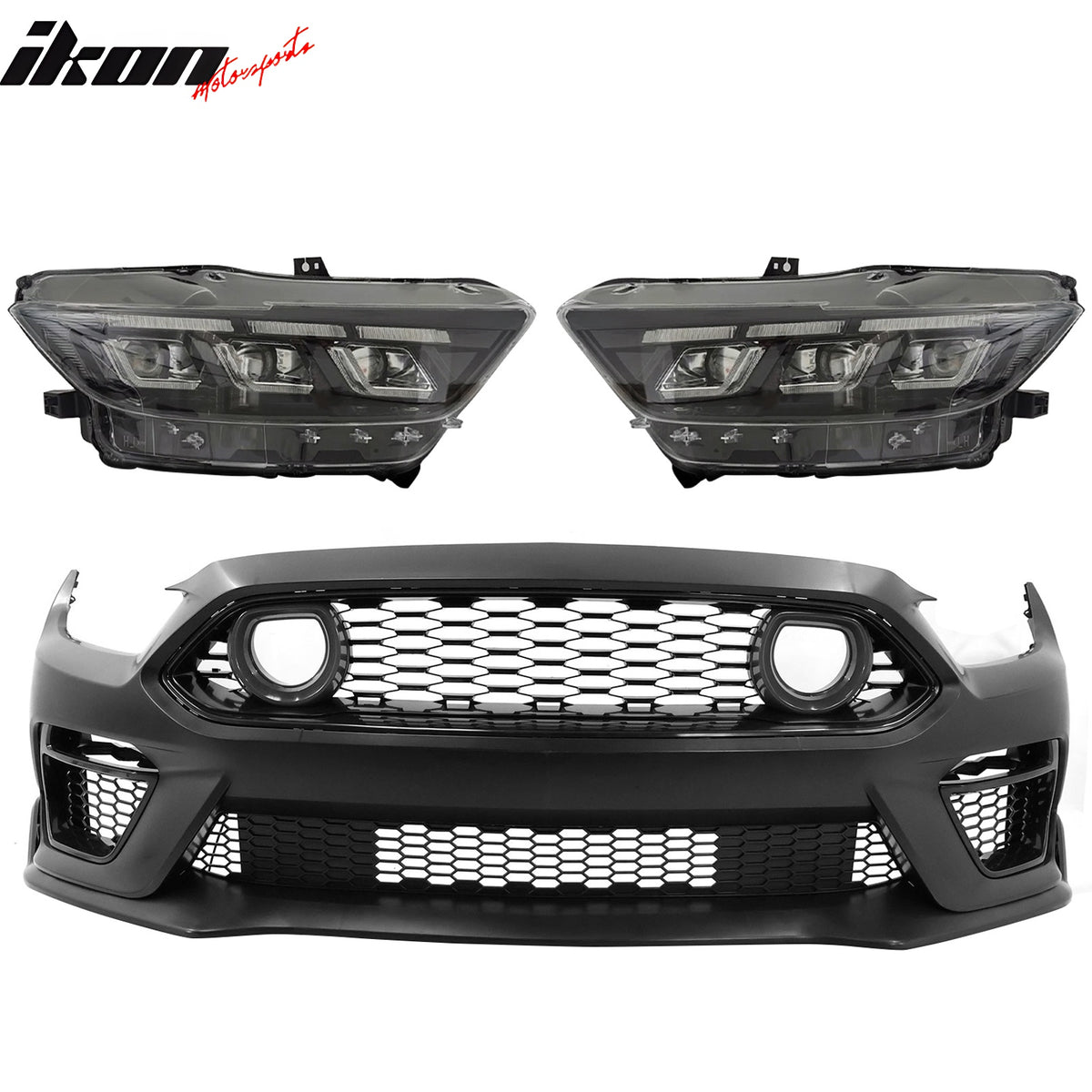 IKON MOTORSPORTS Front Bumper Covers W/ 2024 Style Headlights, Compatible with 2015-2017 Ford Mustang EcoBoost GT, Mach 1 Unpainted PP Replacement Bumper Conversion Bodykits W/ Fog Covers Lamp