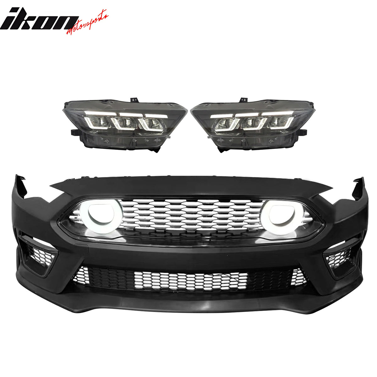 IKON MOTORSPORTS Front Bumper Cover, Compatible with 2018-2023 Ford Mustang, 2021 Mach 1 Front Bumper Conversion Unpainted PP Replacement Bumper Conversion Bodykit + 2024 Style Switchback Headlights
