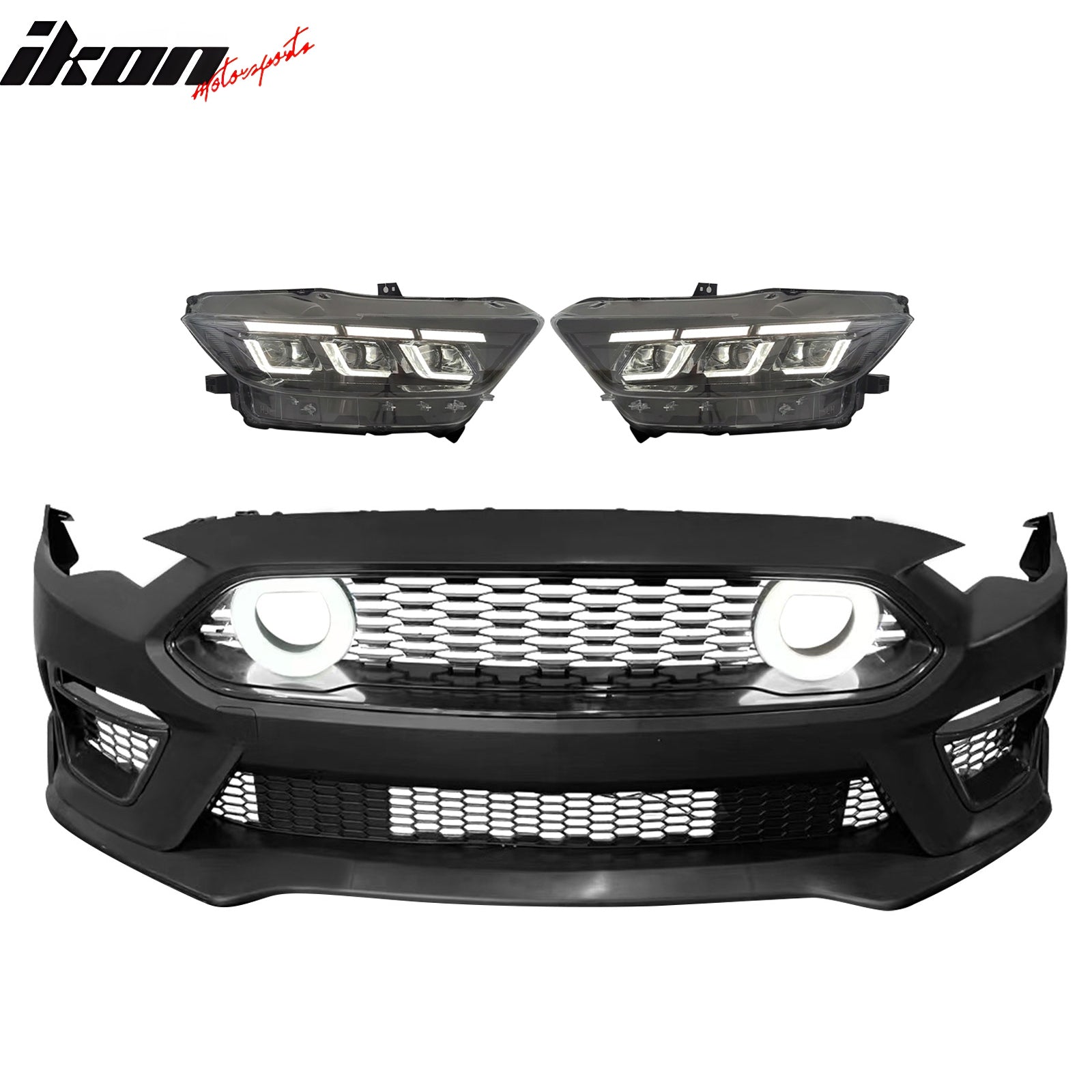 IKON MOTORSPORTS Front Bumper Cover, Compatible with 2018-2023 Ford Mustang, 2021 Mach 1 Front Bumper Conversion Unpainted PP Replacement Bumper Conversion Bodykit + 2024 Style Switchback Headlights