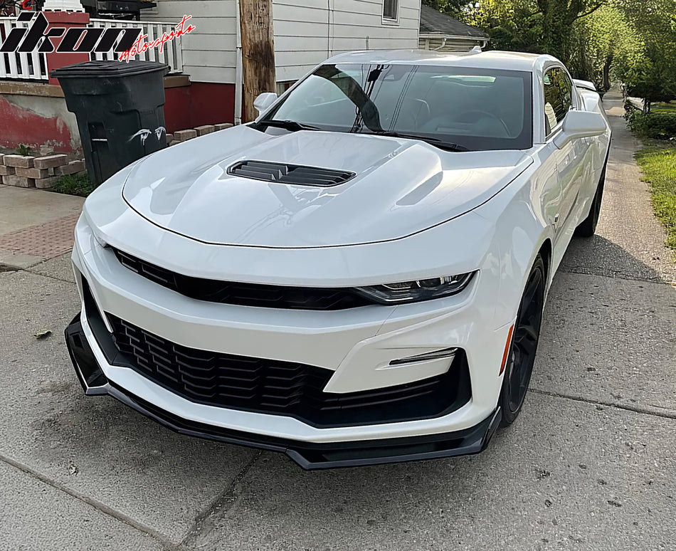 IKON MOTORSPORTS Front Bumper Cover, Compatible with 2019-2024 Chevy Camaro RS/SS, SS Style Unpainted PP Bumper Conversion Replacement W/ Daytime Running Light DRL Turn Signal + Gloss Black Lip