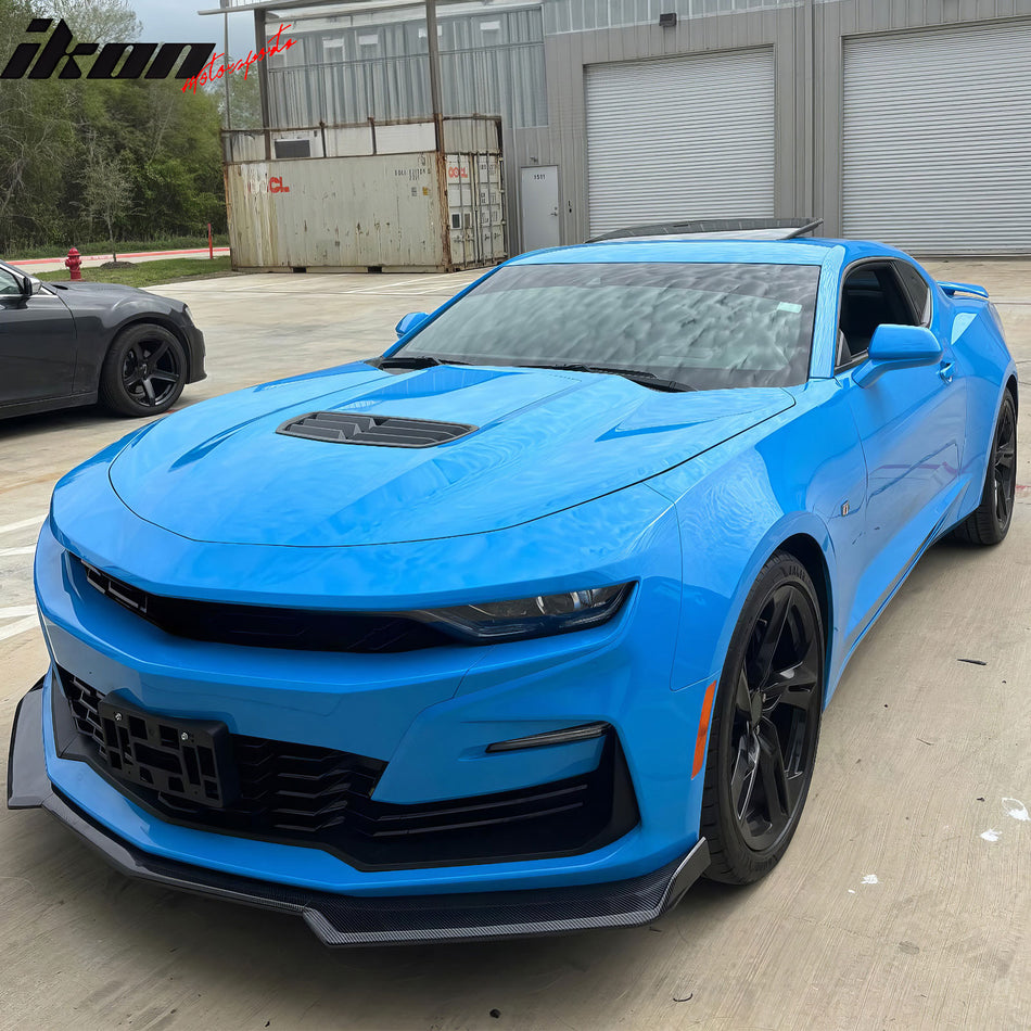 IKON MOTORSPORTS Front Bumper Cover, Compatible with 2019-2024 Chevy Camaro RS/SS, SS Style Unpainted PP Bumper Conversion Replacement W/ Daytime Running Light DRL Turn Signal + Carbon Fiber Print Lip